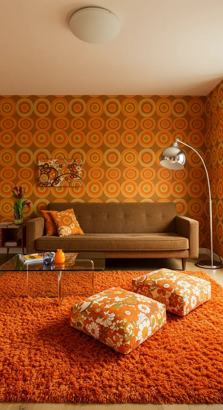 Retro woonkamer in jaren '70 stijl met oranje behang en een bruine bank.