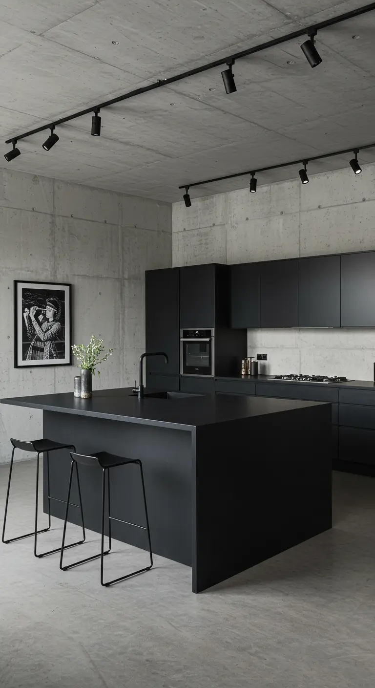 Strakke, matzwarte keuken met kookeiland en barkrukken tegen een ruwe betonnen muur.