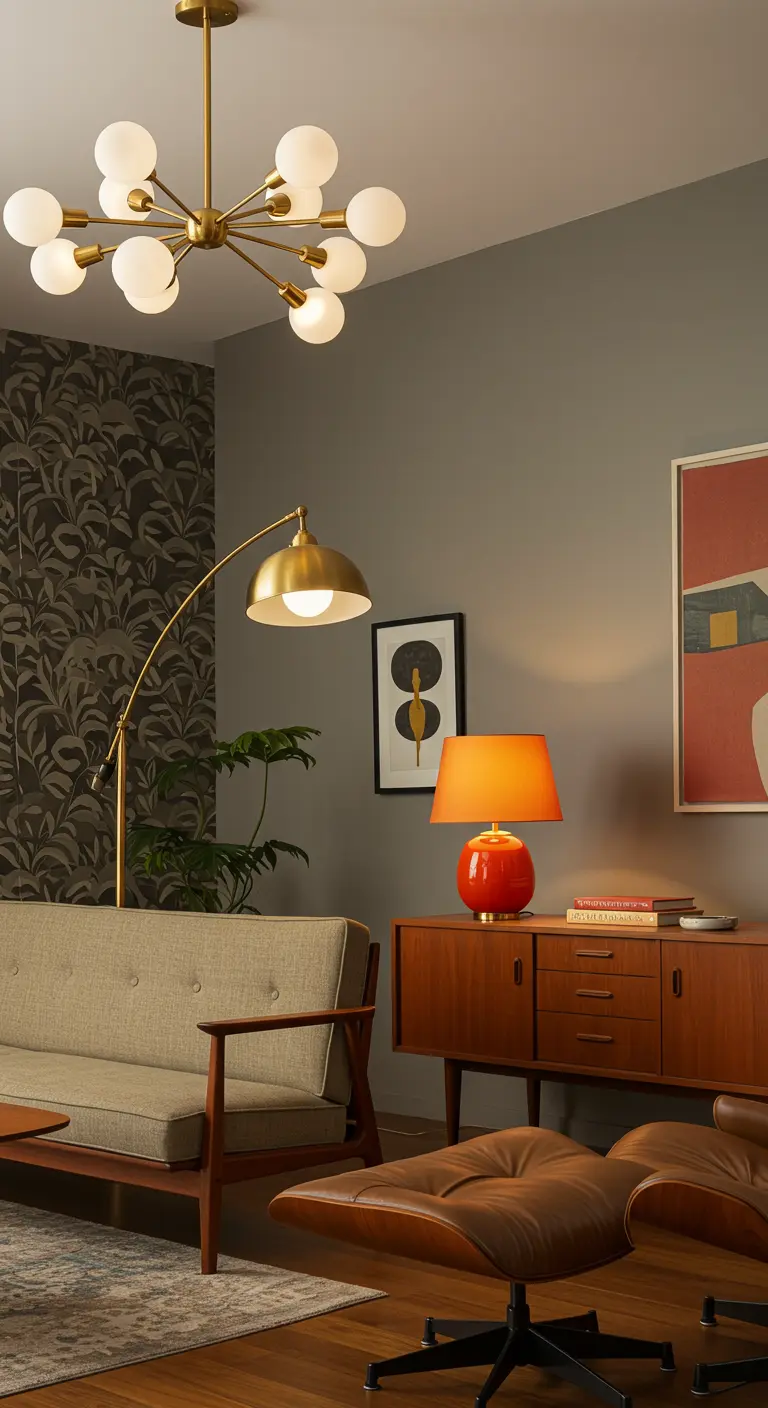 Mid-century woonkamer met sputnik-kroonluchter, booglamp en oranje tafellamp.