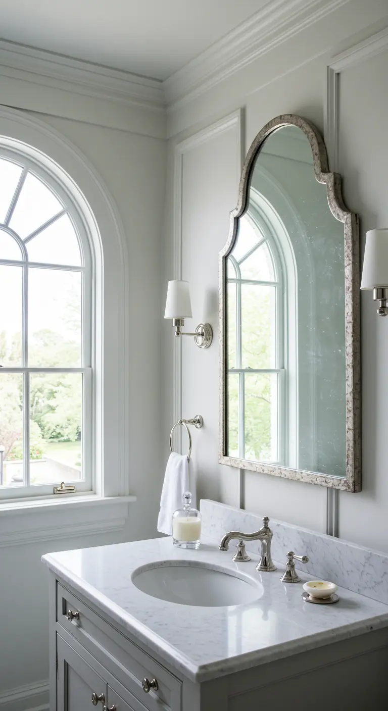 Elegante badkamer met een boogvormige spiegel die de vorm van het naastgelegen raam herhaalt.