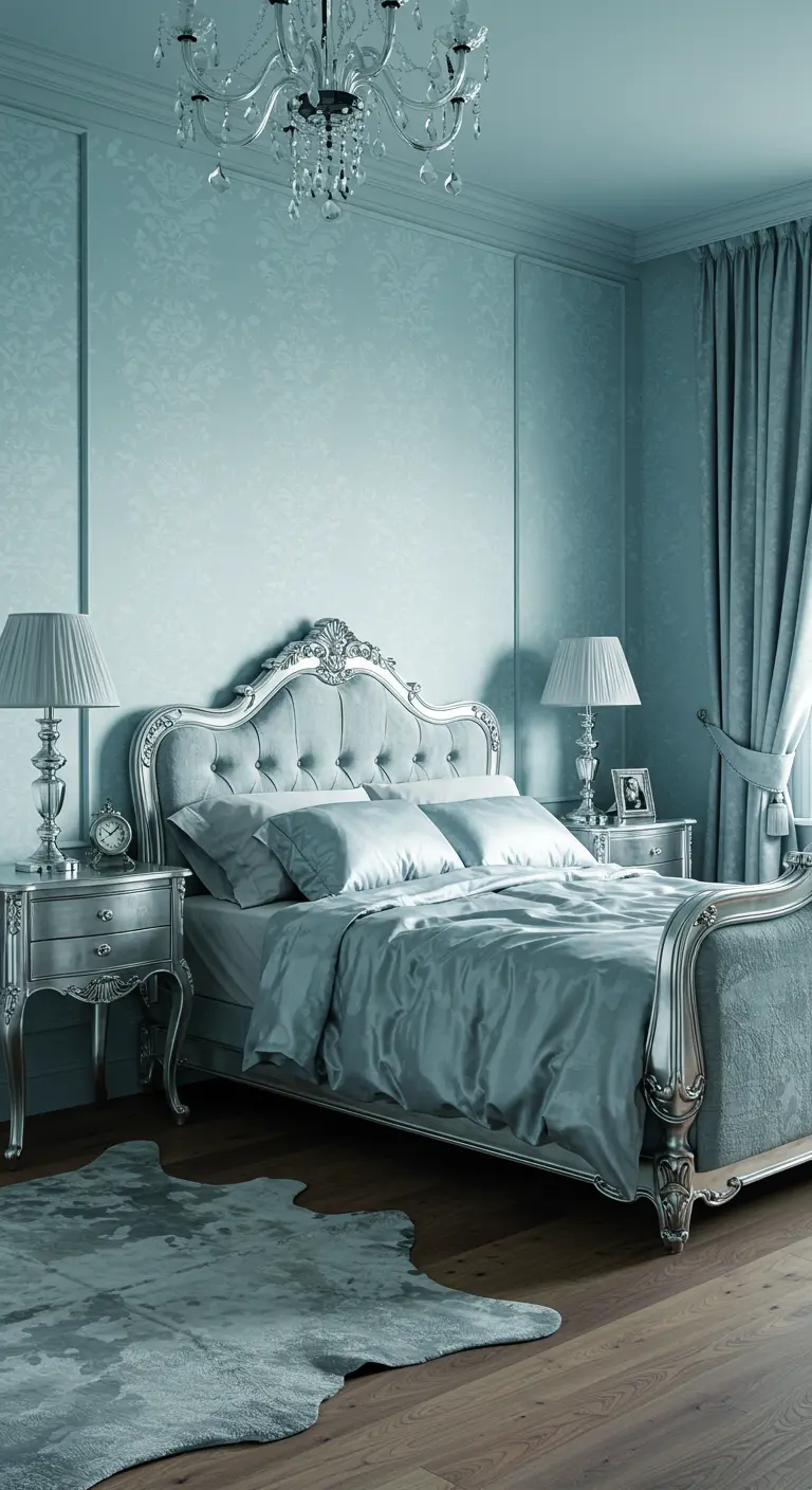 Luxe slaapkamer volledig in ijsblauw, met een zilveren barok bed en een kroonluchter.