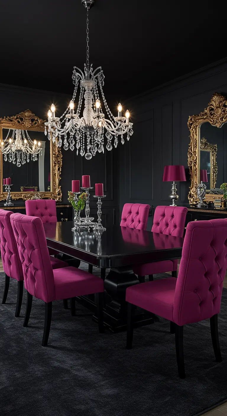 Glamoureuze eetkamer met zwarte muren, fuchsia fluwelen stoelen, zwarte tafel en gouden spiegels.