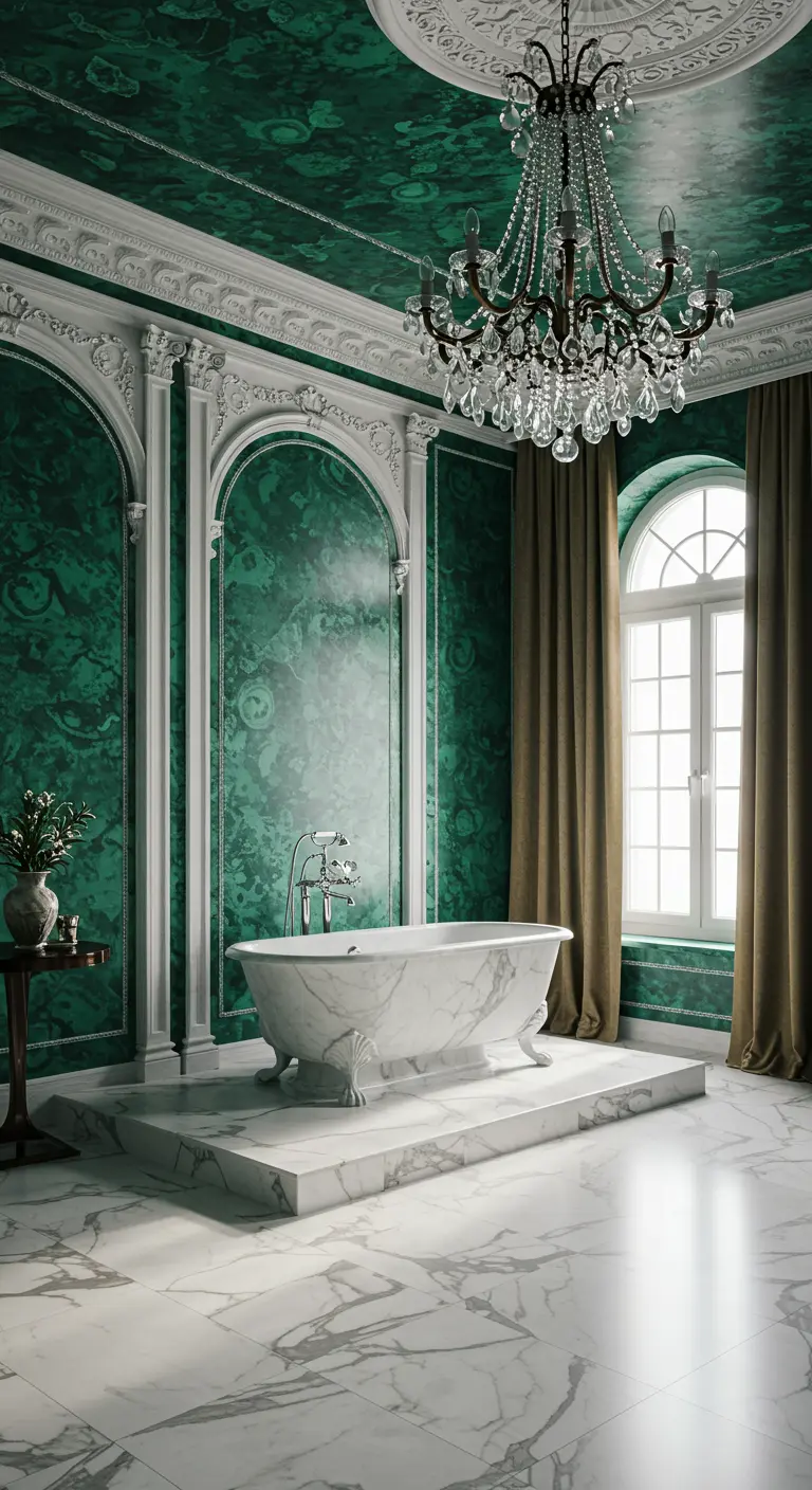 Neoklassieke badkamer met malachietgroene muren, marmeren details en een kroonluchter.
