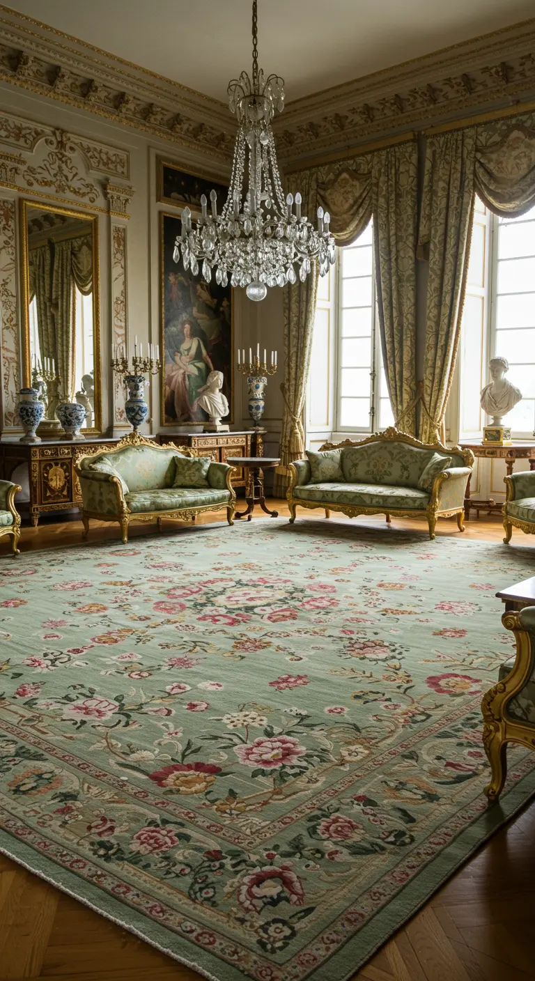 Grote klassieke woonkamer met lichtgroen bloemen tapijt, antieke meubels en kroonluchter.