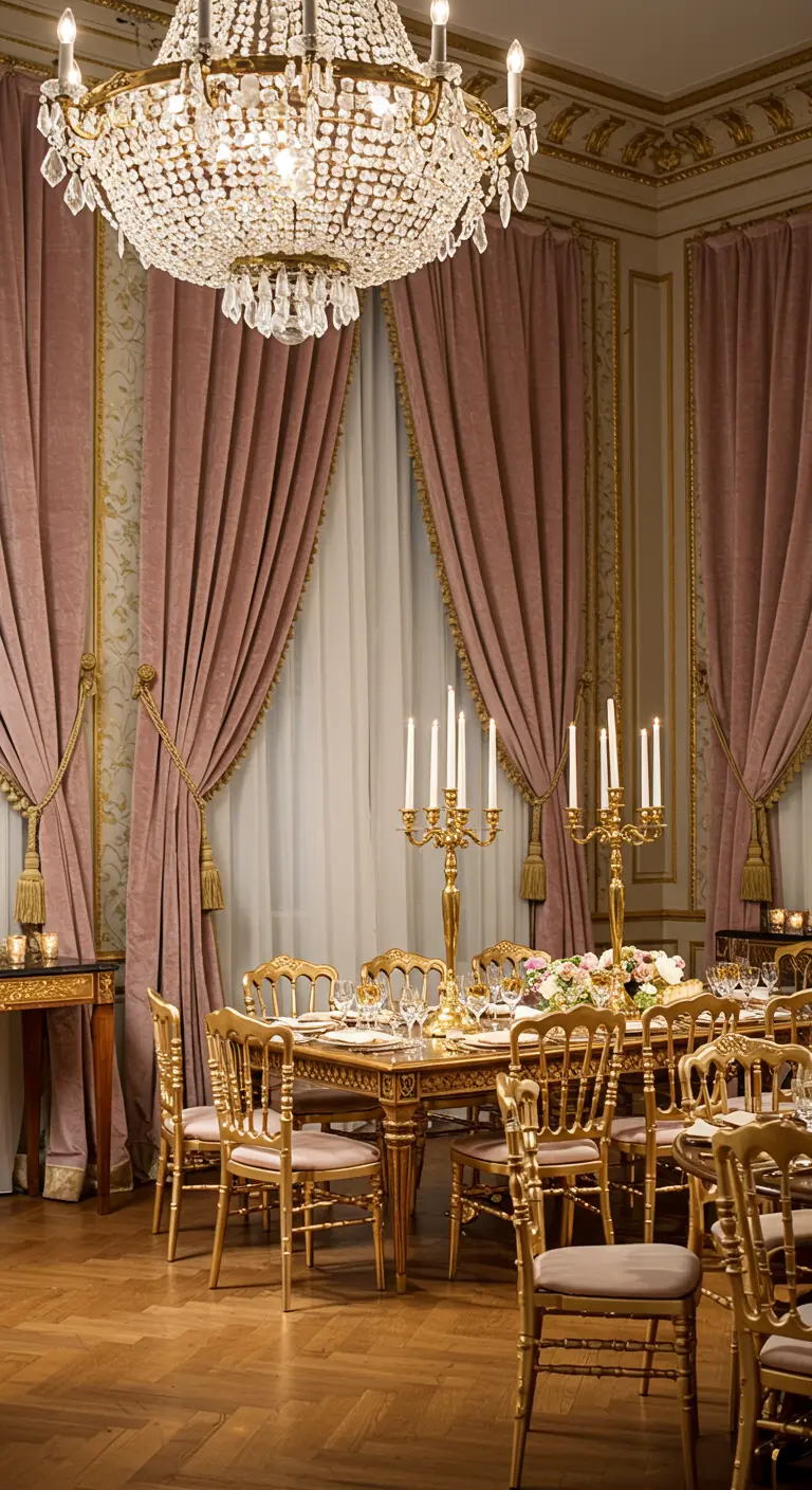 Chique eetzaal met kroonluchter, roze gordijnen en gouden stoelen.