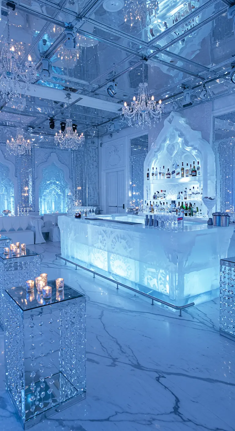 Spectaculaire bar volledig gemaakt van ijs, met blauwe verlichting en kroonluchters.