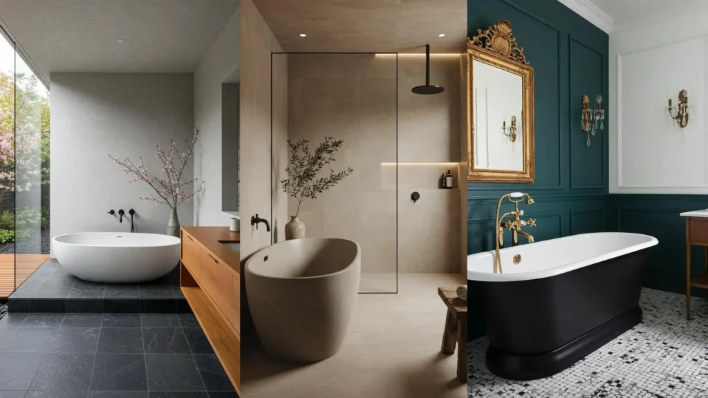 Drie inspirerende badkamerideeen met vrijstaande baden in opvallende vormen, variërend van modern tot klassiek.