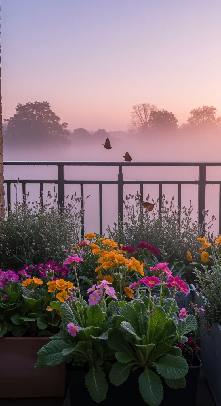 Balkon met kleurrijke sleutelbloemen in bakken, uitkijkend over een mistig landschap bij zonsopgang.