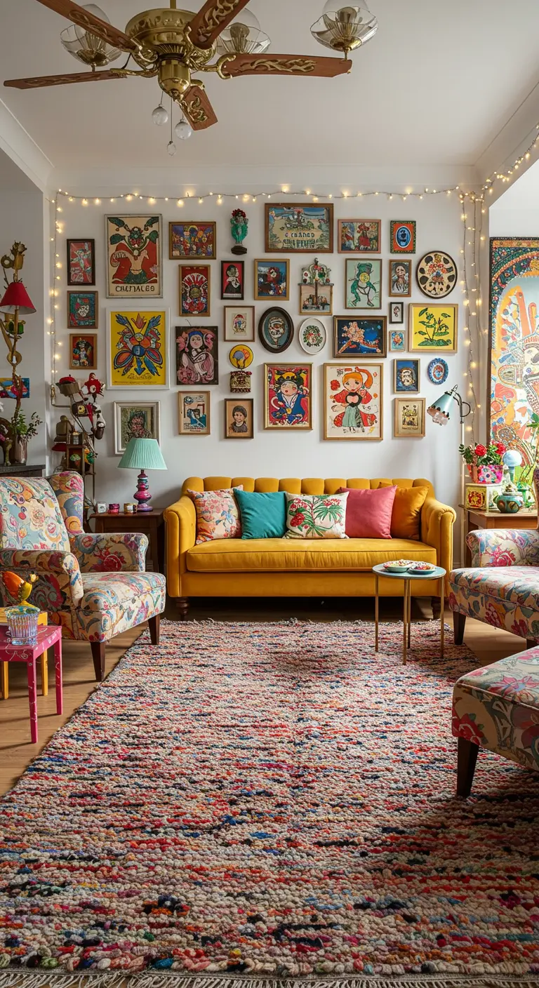 Vrolijke woonkamer met veelkleurig vintage tapijt, gele bank en een kleurrijke galerijmuur.