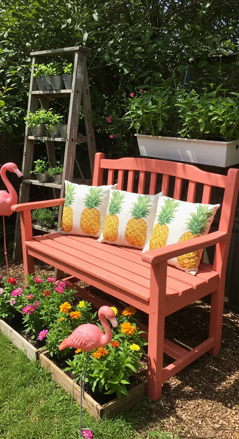 Koraalrood geverfd tuinbankje met ananaskussens en roze flamingo's in een bloembed.