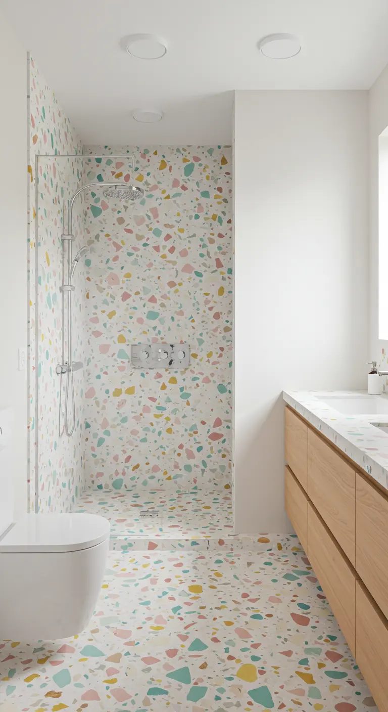 Badkamer met kleurrijke terrazzo tegels op de vloer en in de inloopdouche.