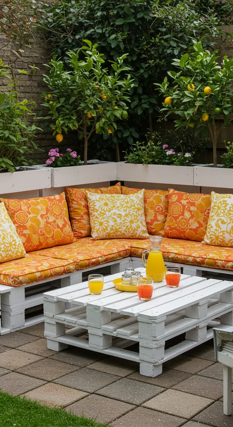 Loungeset van witte pallets met oranje en gele kussens en citrusbomen.