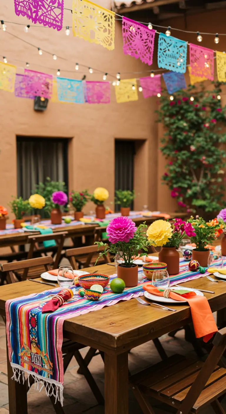 Mexican fiesta wedding with colorful striped runner, terracotta pots, bright flowers, and papel picado.