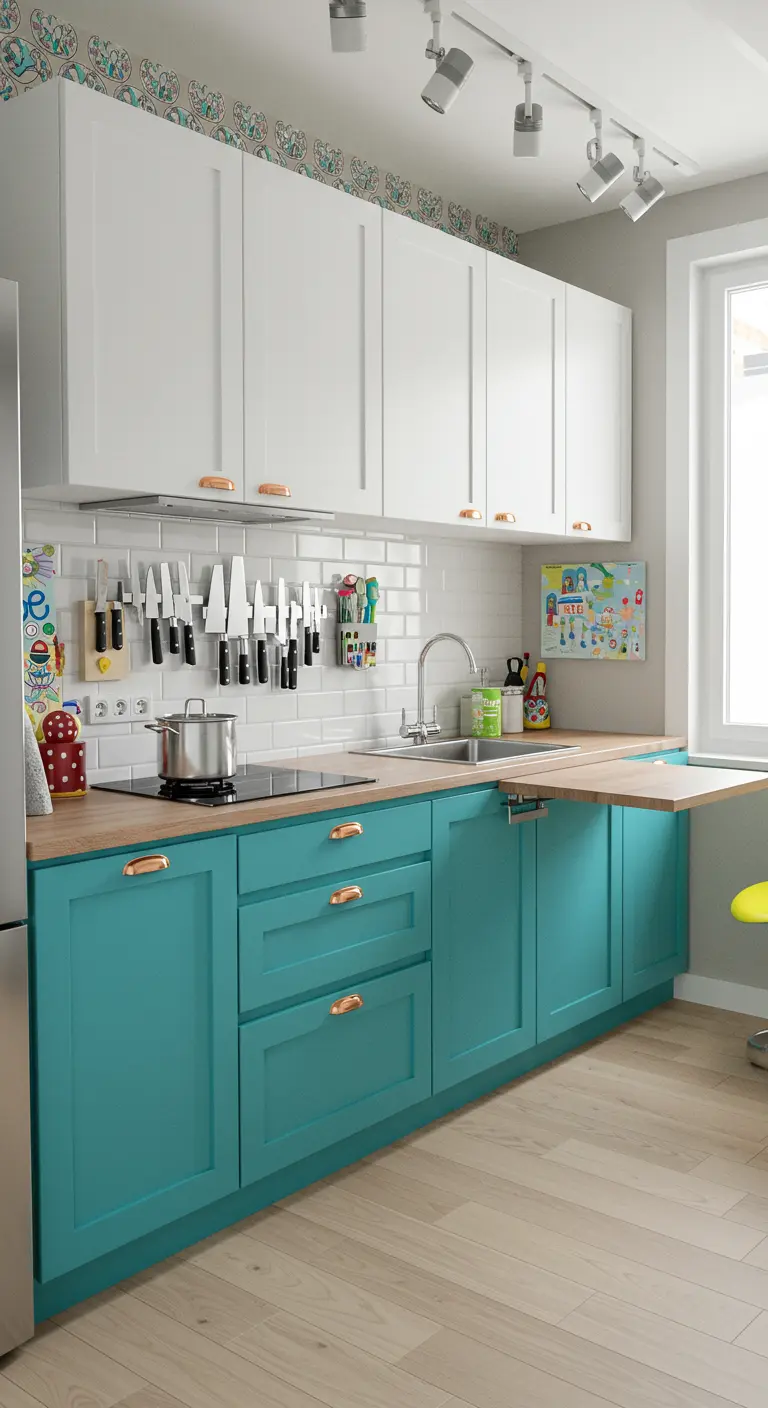 Keuken met turkooizen onderkasten, witte bovenkasten en een uitschuifbare eettafel