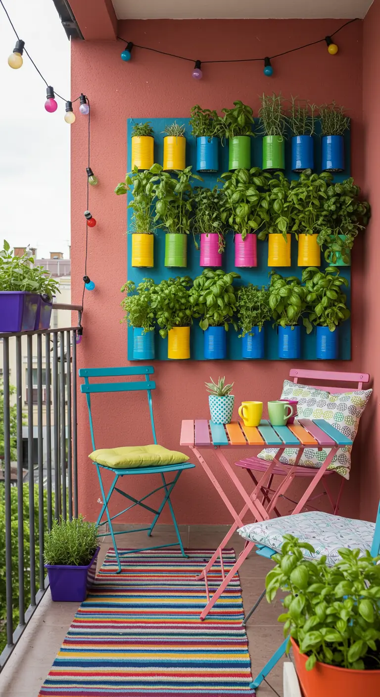 Kleurenrijk balkon met verticale kruidenwand van felgekleurde gerecyclede blikken en hangende lichtslingers.