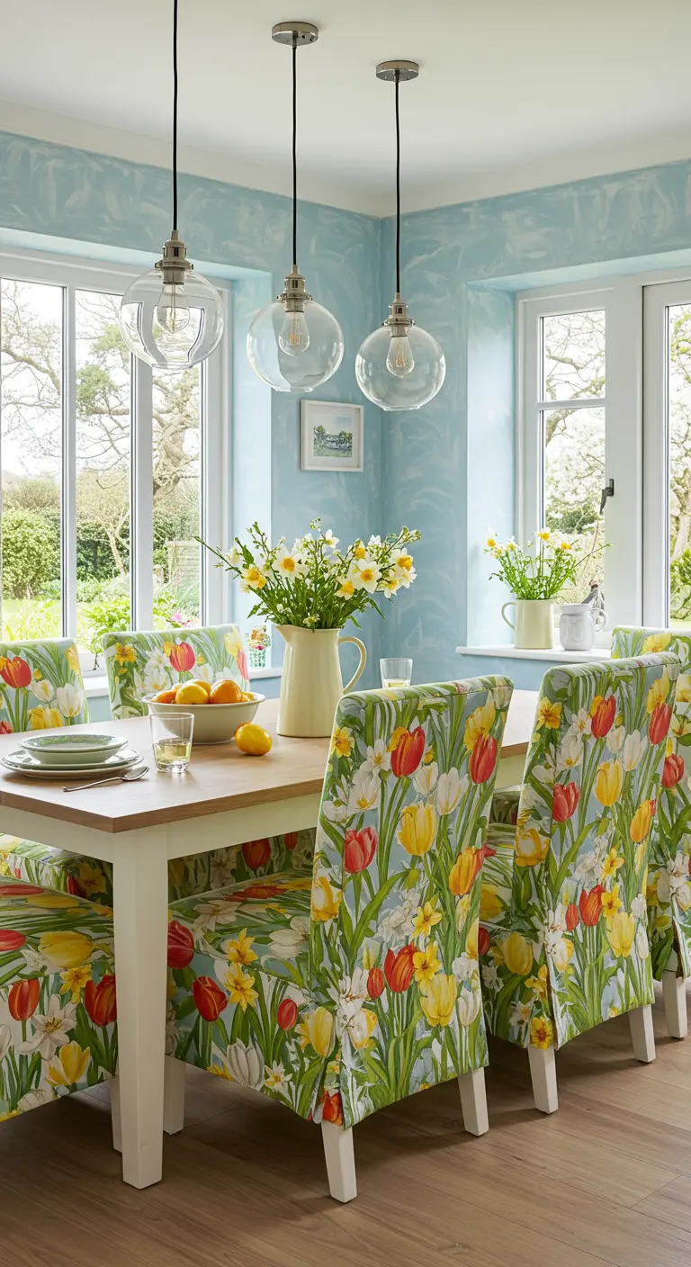 Lentefrisse eethoek met stoelen in een levendige tulpenprint, lichte tafel en blauwe muren.