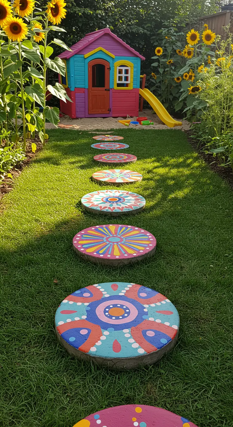 Ronde betonnen stapstenen in het gras, beschilderd met vrolijke, kleurrijke mandala-patronen.