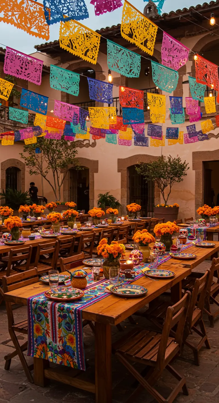 Kleurrijke Mexicaanse tafeldecoratie met papel picado, houten tafels en oranje bloemen.