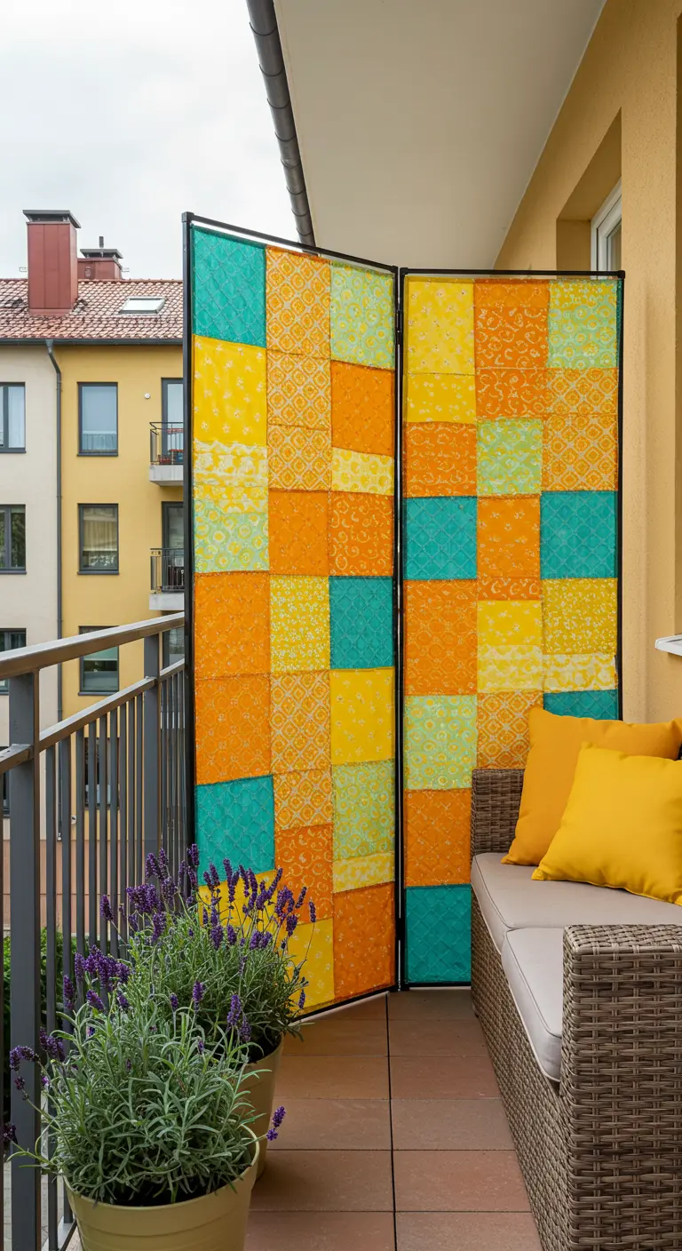 Een kamerscherm op een balkon, bekleed met een vrolijk patchwork van gele, oranje en turquoise stoffen.