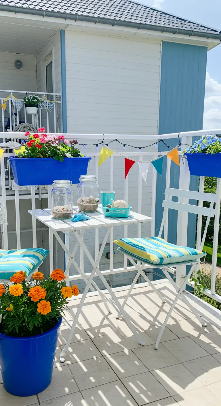 Vrolijk nautisch balkon met wit bistrosetje, blauwe bloembakken, kleurrijke vlaggetjes en glazen potten met schelpen.
