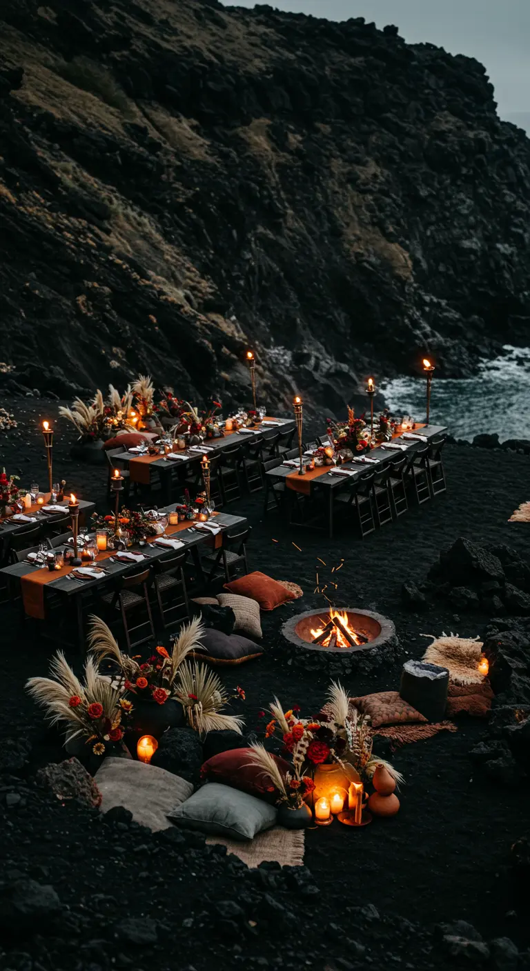 Bruiloftsdiner op een zwart zandstrand met vuurplaats, fakkels en rood-oranje bloemen.