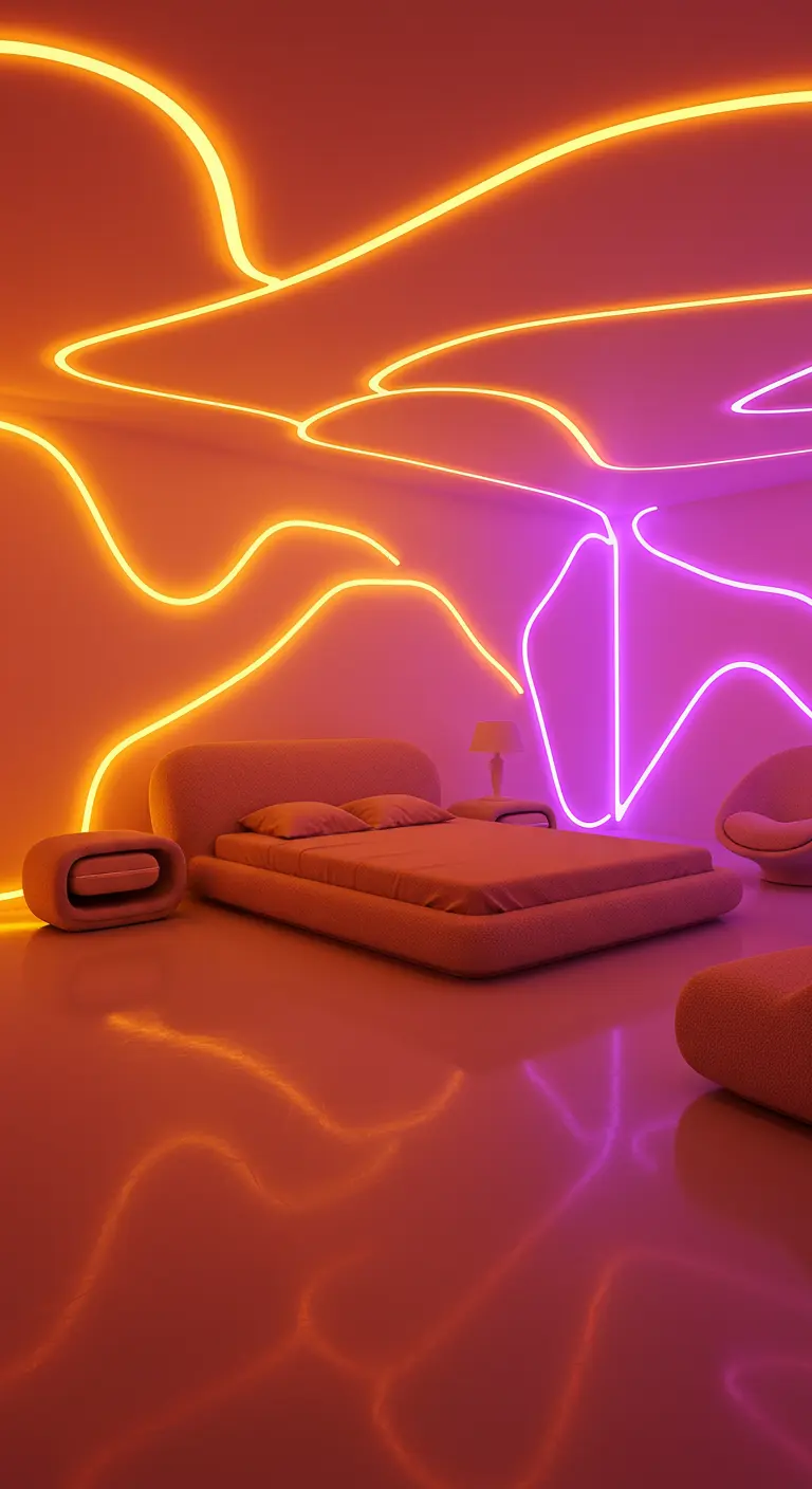 Slaapkamer met golvende oranje en roze neon LED-verlichting op muren en plafond.