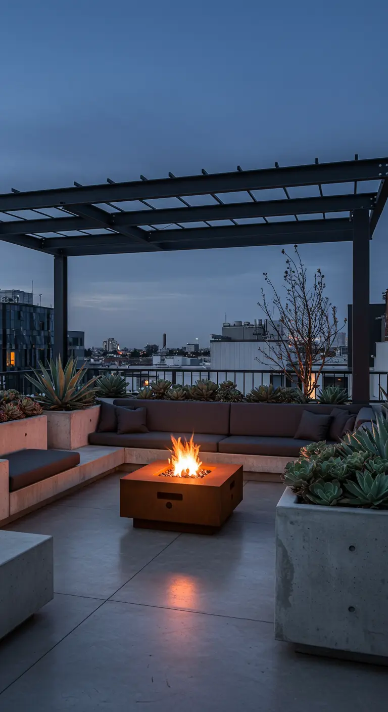 Dakterras met betonnen loungebank, stalen pergola en vuurtafel bij schemering.
