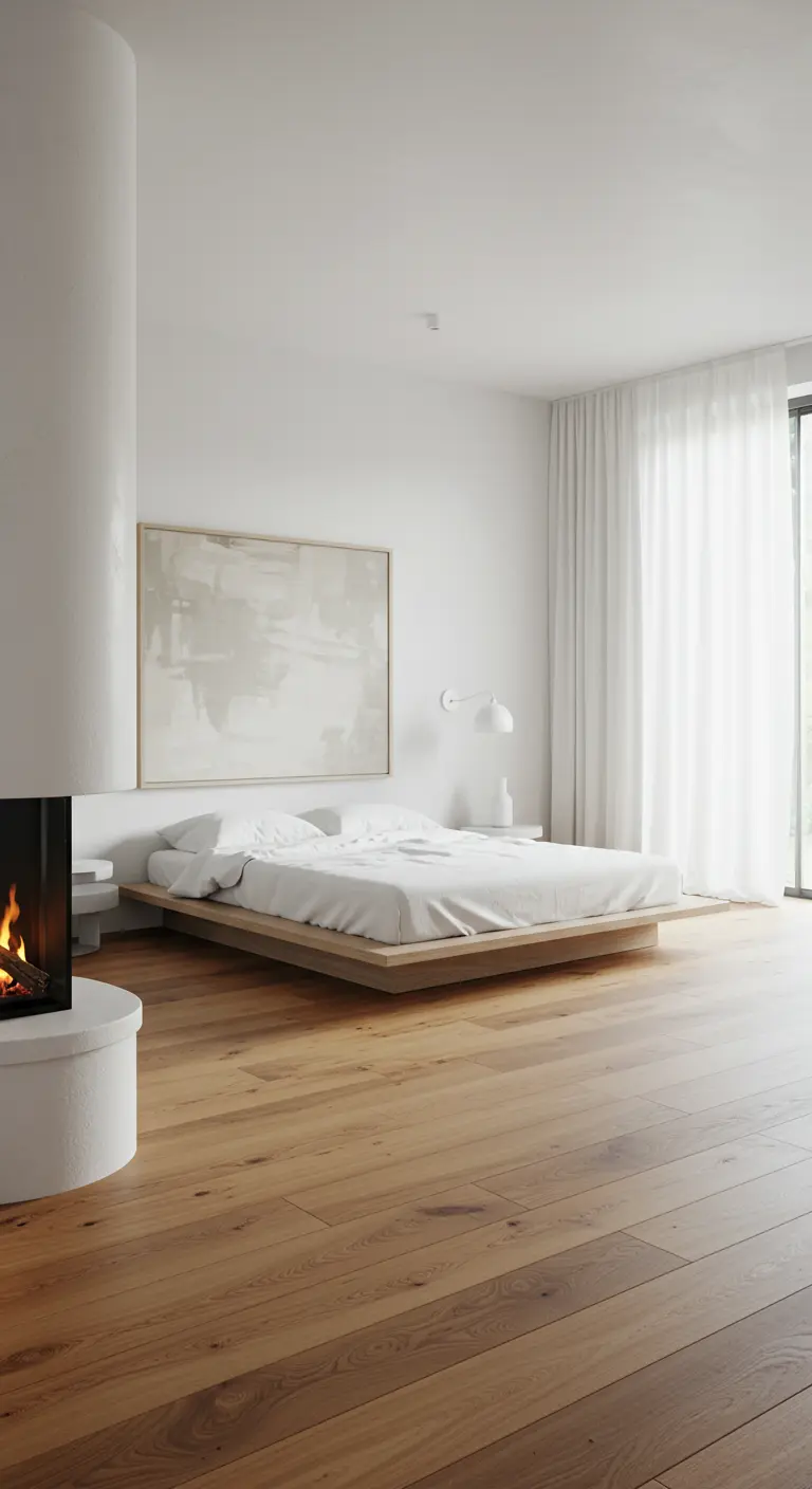 Minimalistische slaapkamer met lage houten bed, witte muren, open haard en abstracte kunst.