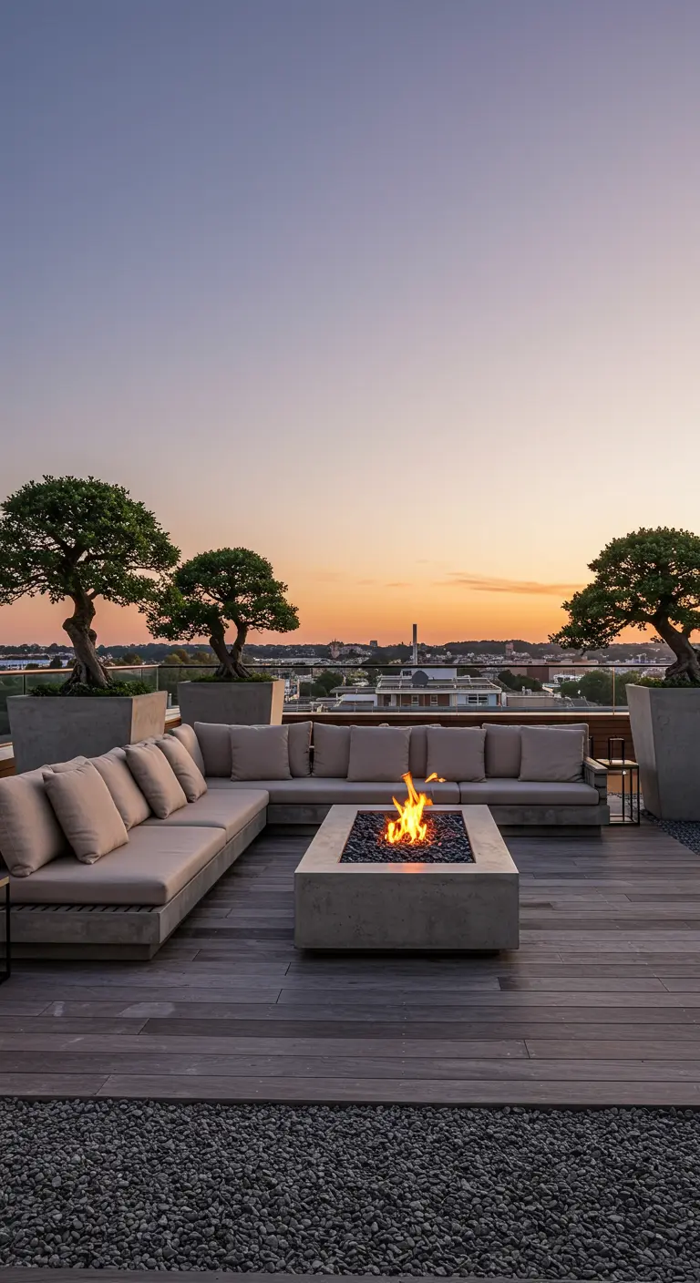 Luxe dakterras met grote loungebank, een vuurtafel en meerdere bonsaibomen.
