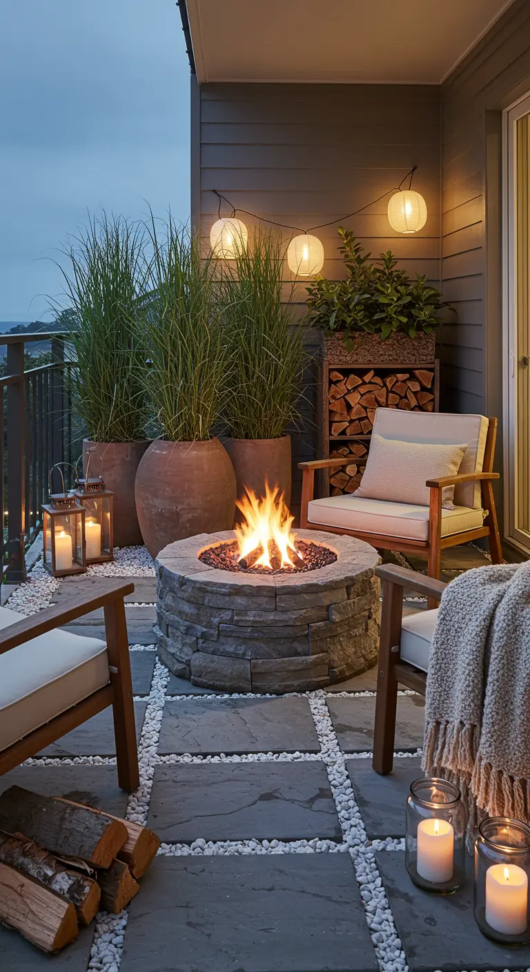 Balkon met stenen vuurkorf, tegelvloer met grind, houten stoelen, terracotta potten en lantaarns.