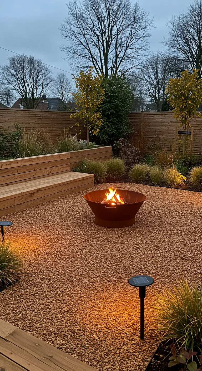 Grindtuin met roestkleurige vuurplaats, houten elementen en sfeervolle verlichting.