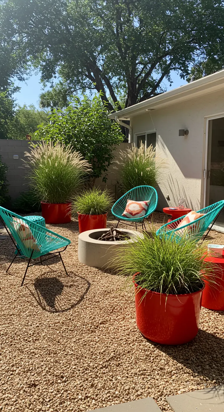 Tuin met grind, een vuurplaats en turquoise Acapulco-stoelen omringd door rode plantenbakken.