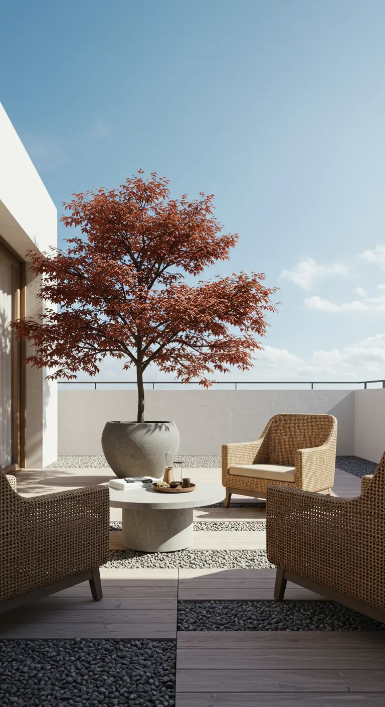 Zonnig balkon met rode Japanse esdoorn, rotan stoelen en kiezels.