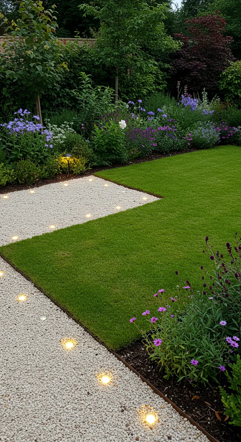 Tuinpad van wit grind met daarin kleine, ronde grondspots als vuurvliegjes.