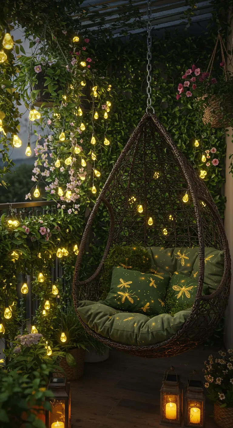 Donkere hangstoel in een weelderige groene oase, verlicht door talloze kleine 'firefly' lichtjes.