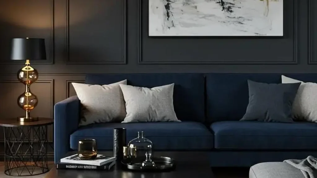 Stijlvolle Scandinavische woonkamer: minimalistische blauwe bank, zachte kussens en warme lamp creëren gezelligheid.