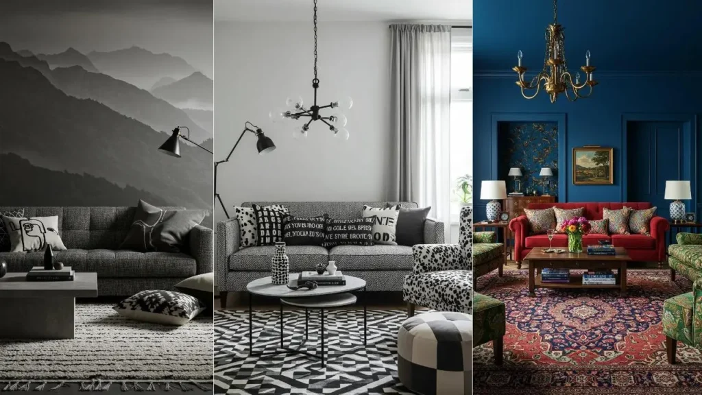 Drie eclectische woonkamers waar diverse prints en stijlen botsen en toch harmonieus werken.