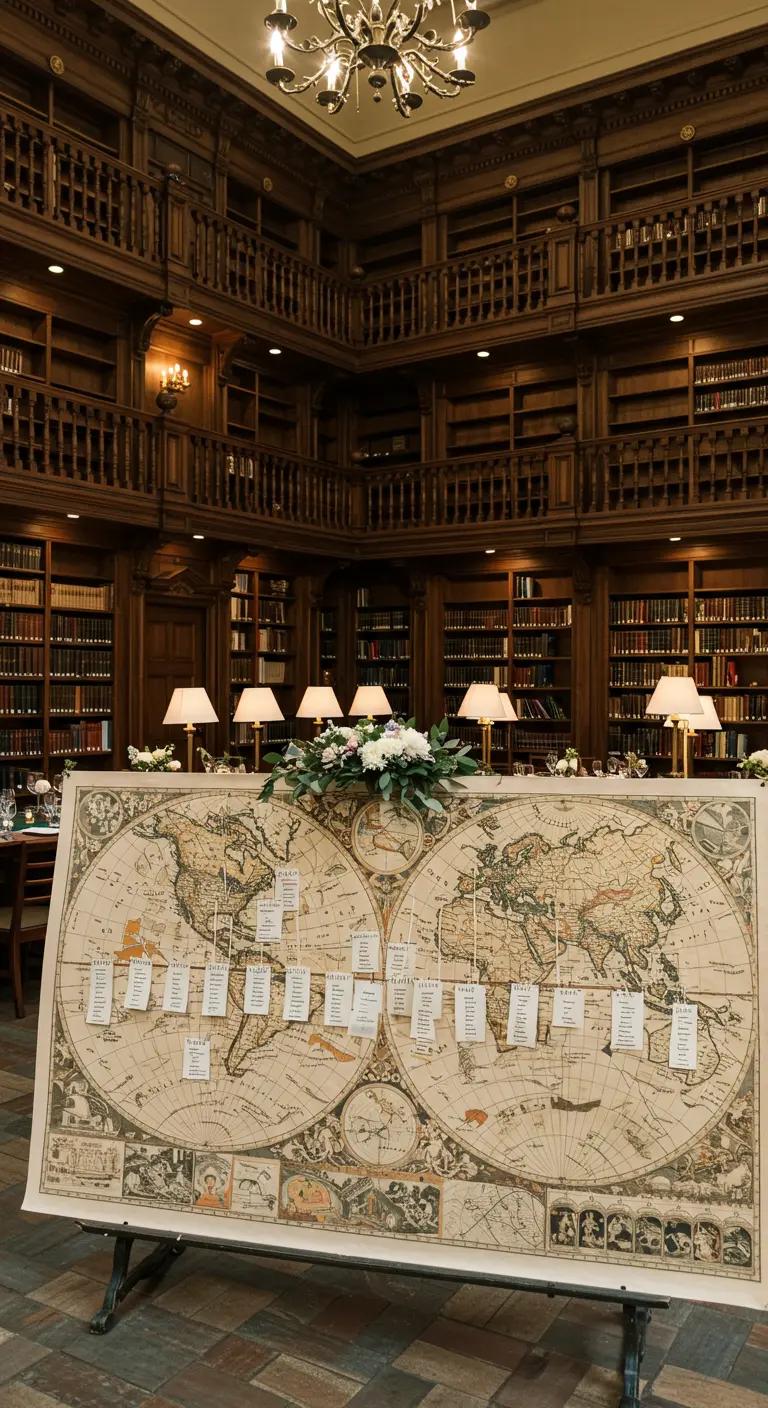 Tafelschikking op een grote vintage wereldkaart met naamkaartjes verbonden aan verschillende locaties.