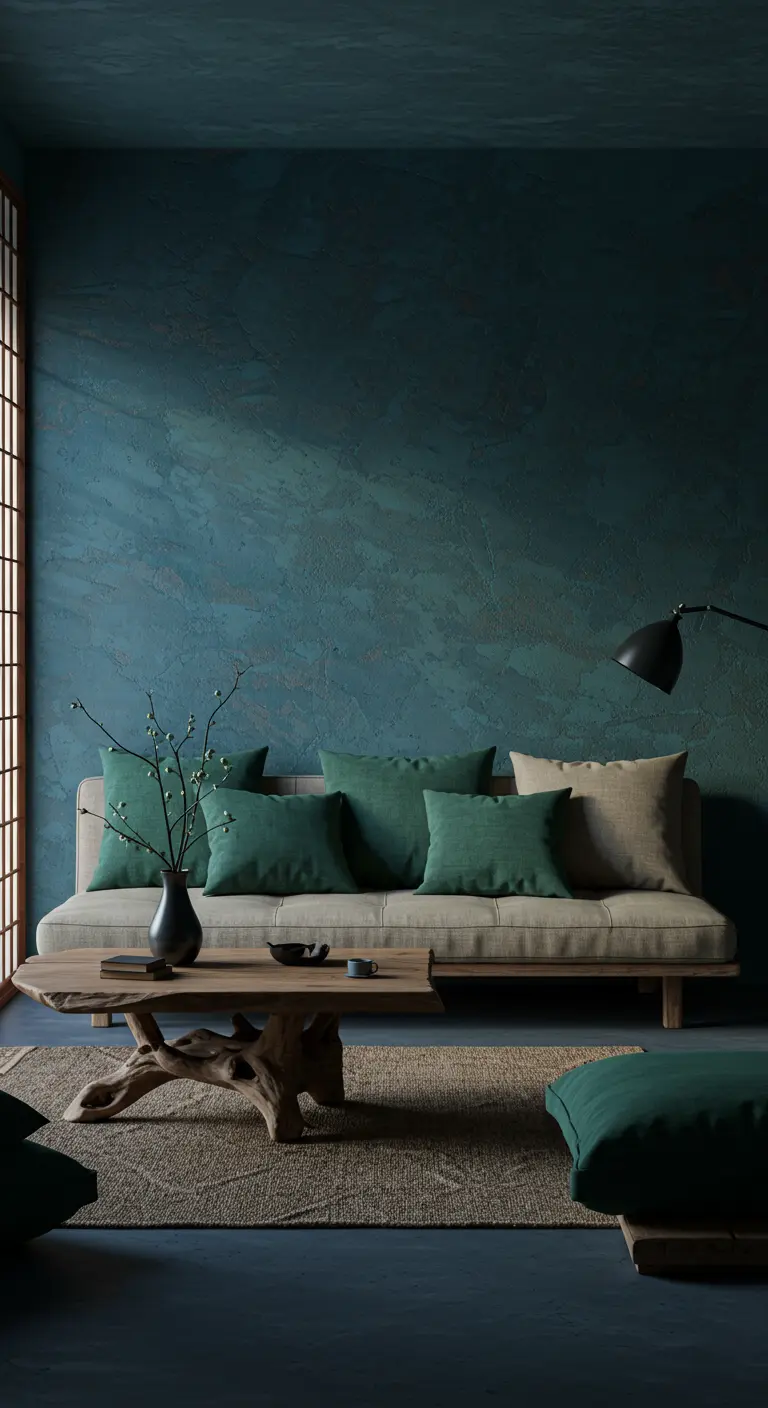 Wabi-sabi woonkamer met getextureerde blauwgroene muren, een beige bank en een organische houten tafel.