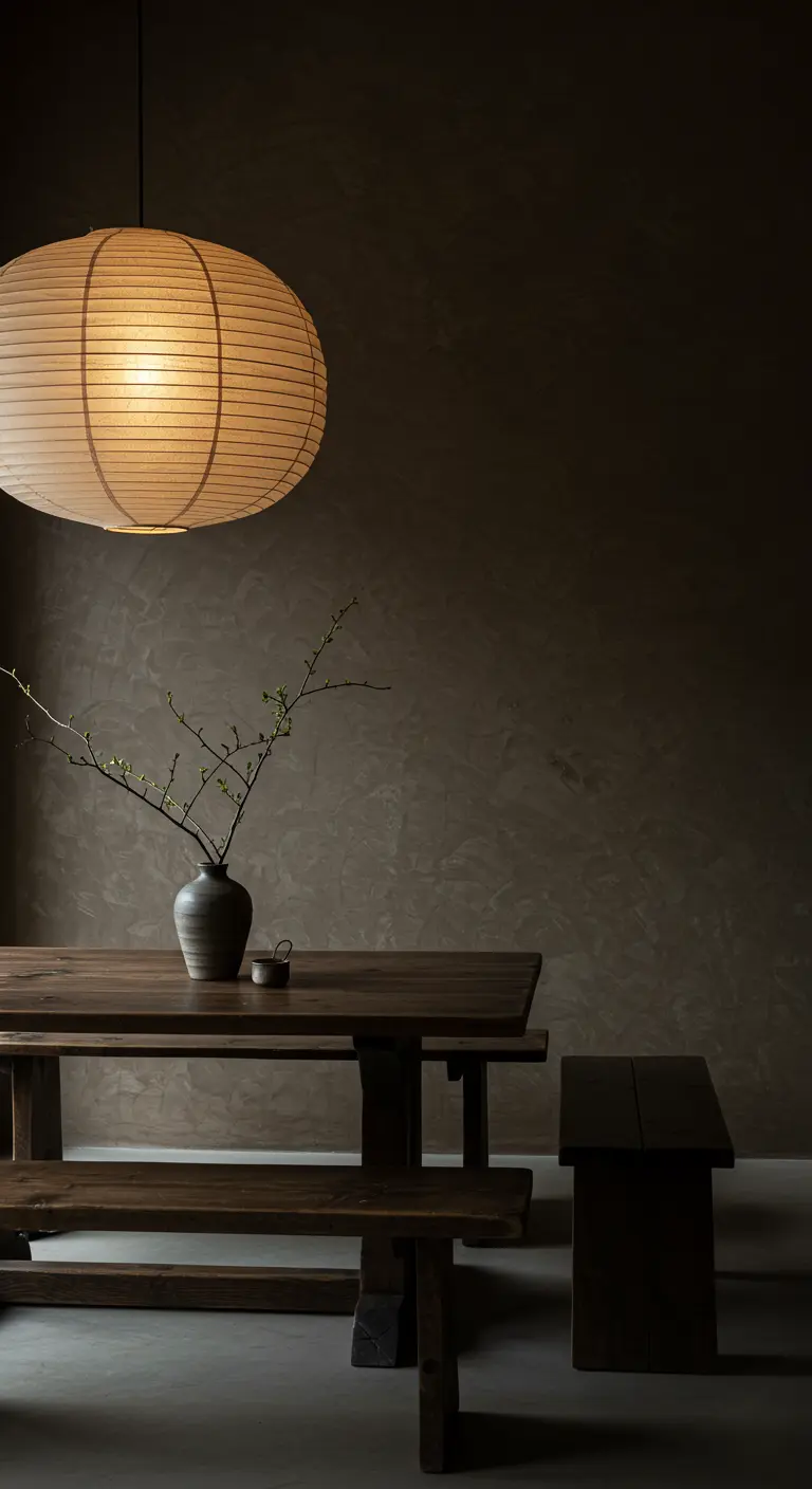 Wabi-sabi eetkamer met donkere structuurmuren, houten meubels en een grote papieren lampion.