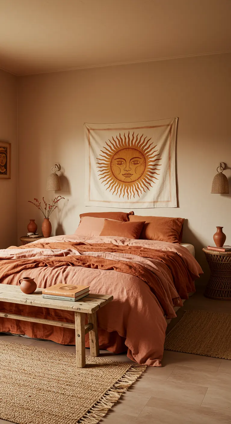 Slaapkamer in aardetinten met een groot wandkleed van de zon boven het bed.