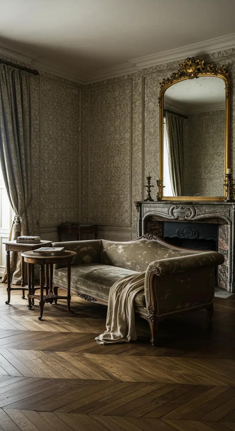 Woonkamer met klassiek patroonbehang, een antieke bank en een grote spiegel