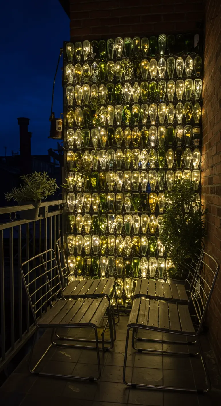 Balkon met een muurdecoratie van verlichte, gerecyclede glazen flessen in groen- en amberkleuren.
