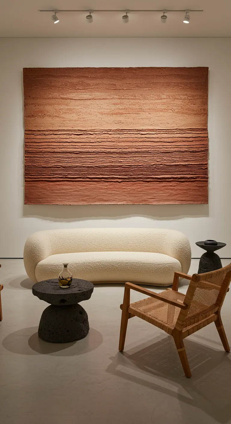 Minimalistische ruimte met een groot geweven wandkleed in aardetinten boven een witte bank.