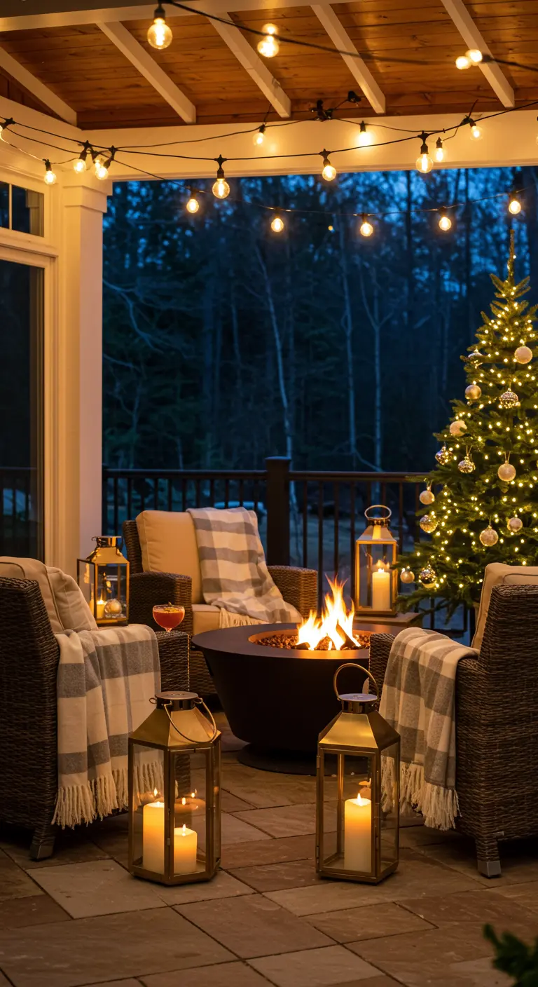 Verlichte veranda met vuurkorf, stoelen met plaids, lantaarns en een kerstboom.