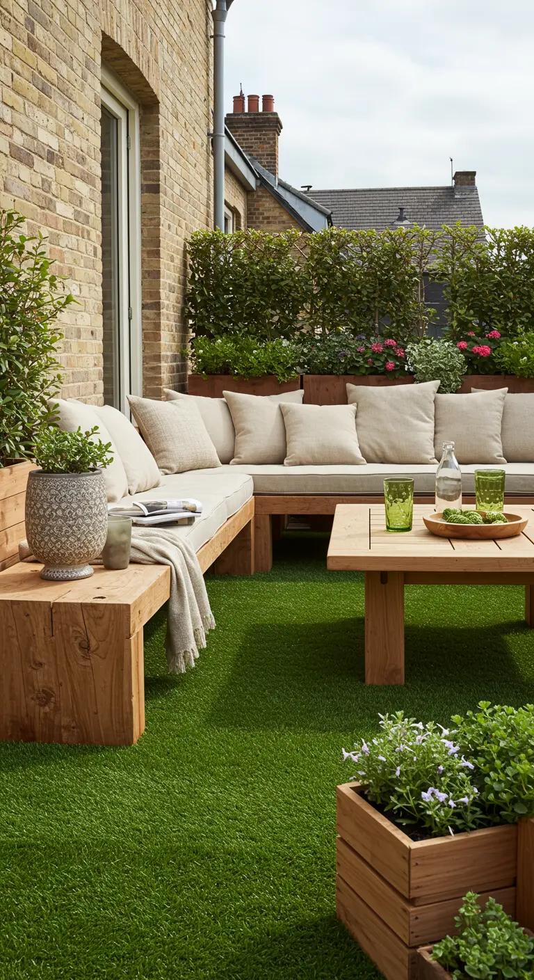 Dakterras met kunstgras, een grote houten hoekbank en houten plantenbakken.