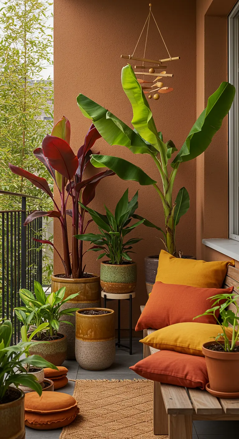 Balkon met terracotta muur, planten in aardewerk potten en kussens in oranje en gele tinten.