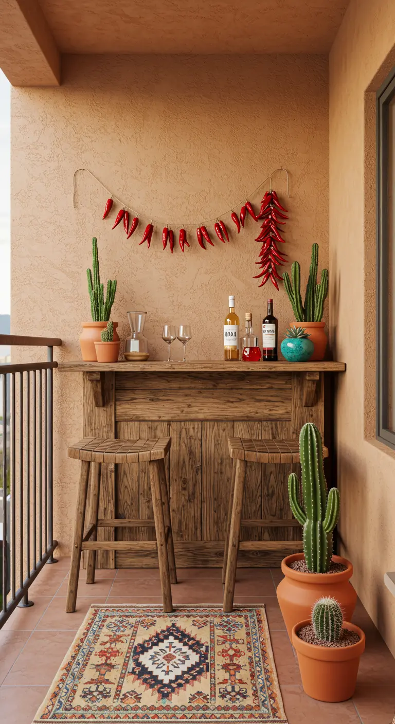 Houten balkonbar met cactussen, een kilim-kleed en een slinger van chilipepers aan de muur.