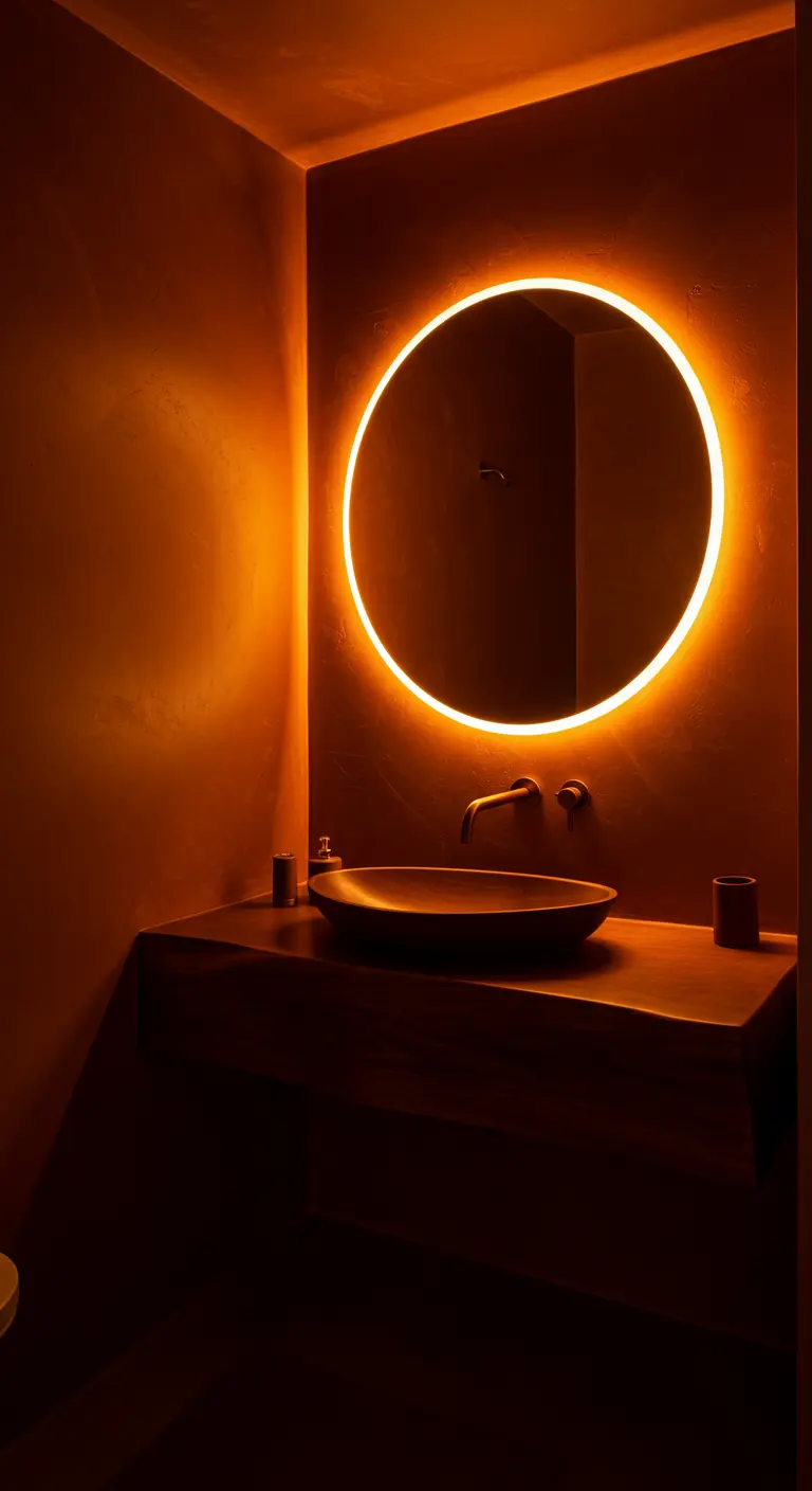 Donkere badkamer met een ronde spiegel die een warme, oranje gloed uitstraalt.
