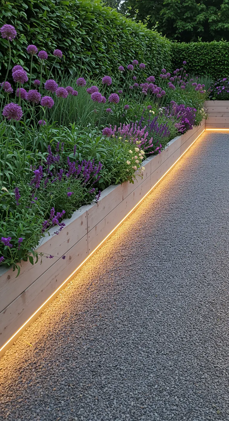 Houten plantenbak met paarse bloemen, met een ledstrip eronder langs een grindpad.